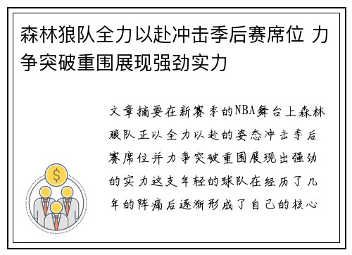 森林狼队全力以赴冲击季后赛席位 力争突破重围展现强劲实力