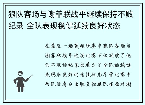 狼队客场与谢菲联战平继续保持不败纪录 全队表现稳健延续良好状态
